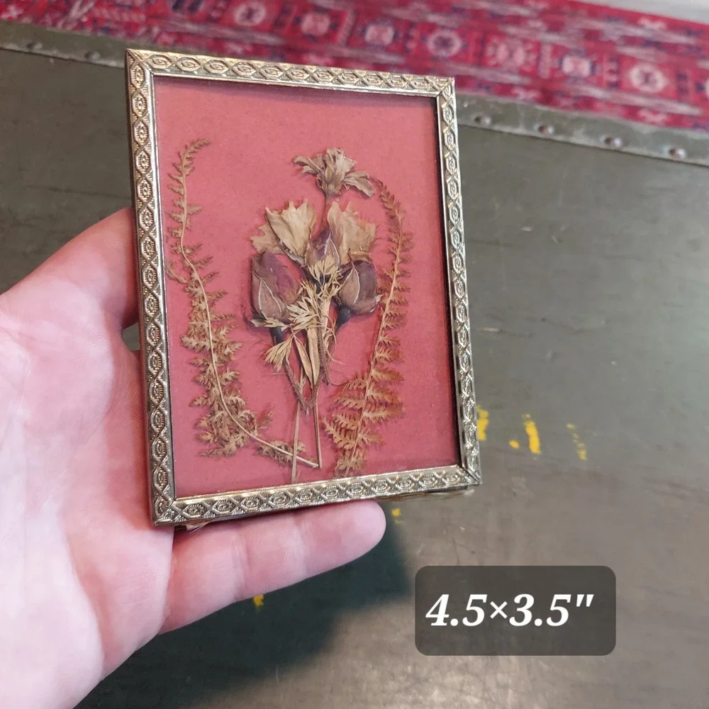 Vintage Pressed Flower Art Gold Embossed Metal Frame Dried Roses Ferns 4.5x3.5
